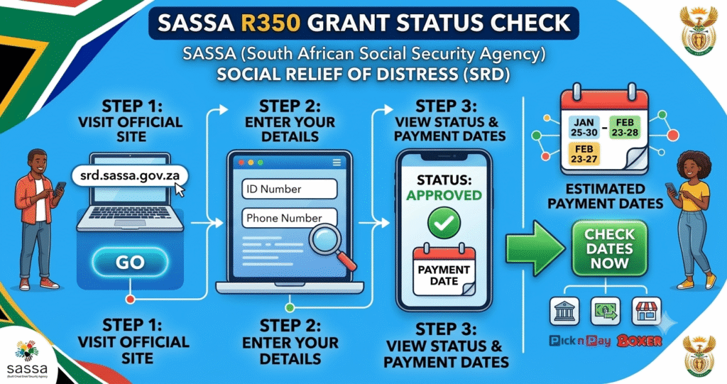 SASSA Status Check for R350 Payment Dates Complete Guide Person performing SASSA status check for R350 payment dates on a mobile phone.